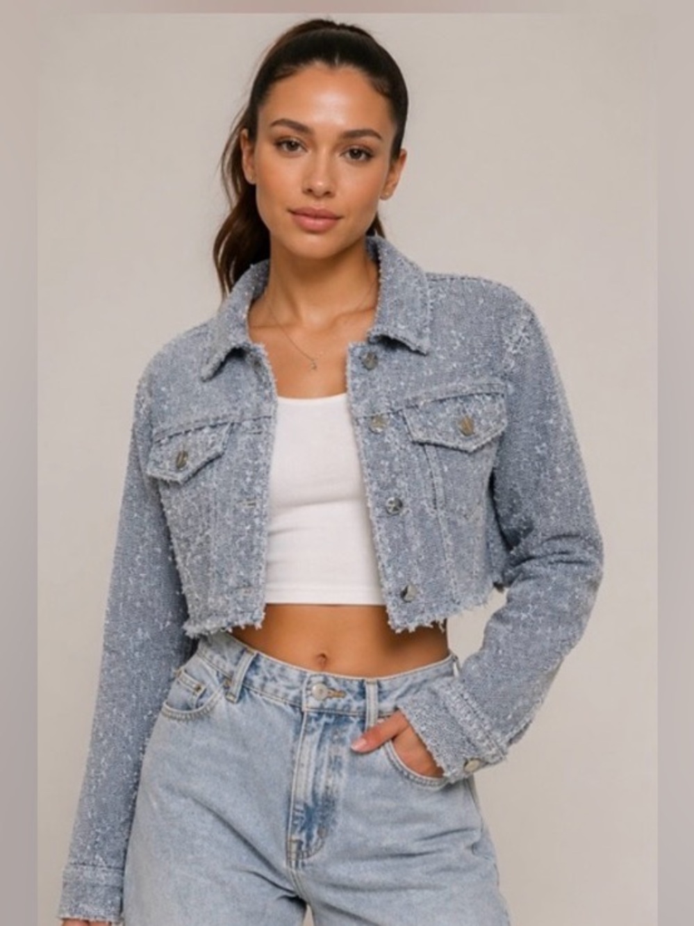 Manière De Voir Cropped Denim Jacket NWOT Distressed Raw Hem Size US 2